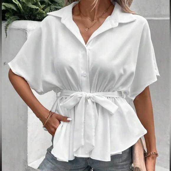 032 Solid White Button Down Belted Oversized Top - Picture 2 of 4